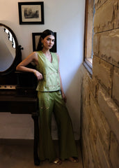 Sap green striped chanderi double breasted waistcoat and wide pants with delicate floral bels embroidery