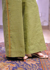 Sap green striped chanderi double breasted waistcoat and wide pants with delicate floral bels embroidery