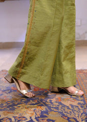 Sap green striped chanderi double breasted waistcoat and wide pants with delicate floral bels embroidery