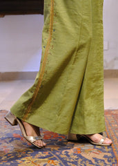 Sap green striped chanderi double breasted waistcoat and wide pants with delicate floral bels embroidery