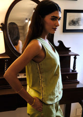 Sap green striped chanderi double breasted waistcoat and wide pants with delicate floral bels embroidery