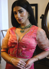 Coral pink striped tissue chanderi saree with birds of paradise embroidery
