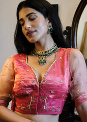 Coral pink striped tissue chanderi saree with birds of paradise embroidery