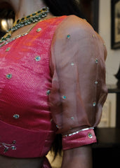 Coral pink striped tissue chanderi saree with birds of paradise embroidery