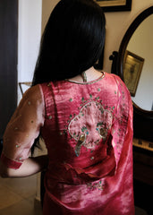 Coral pink striped tissue chanderi saree with birds of paradise embroidery