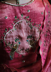 Coral pink striped tissue chanderi saree with birds of paradise embroidery
