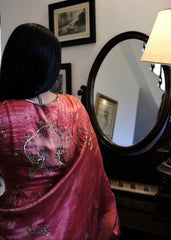 Coral pink striped tissue chanderi saree with birds of paradise embroidery