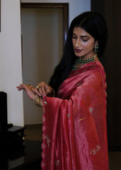 Coral pink striped tissue chanderi saree with birds of paradise embroidery