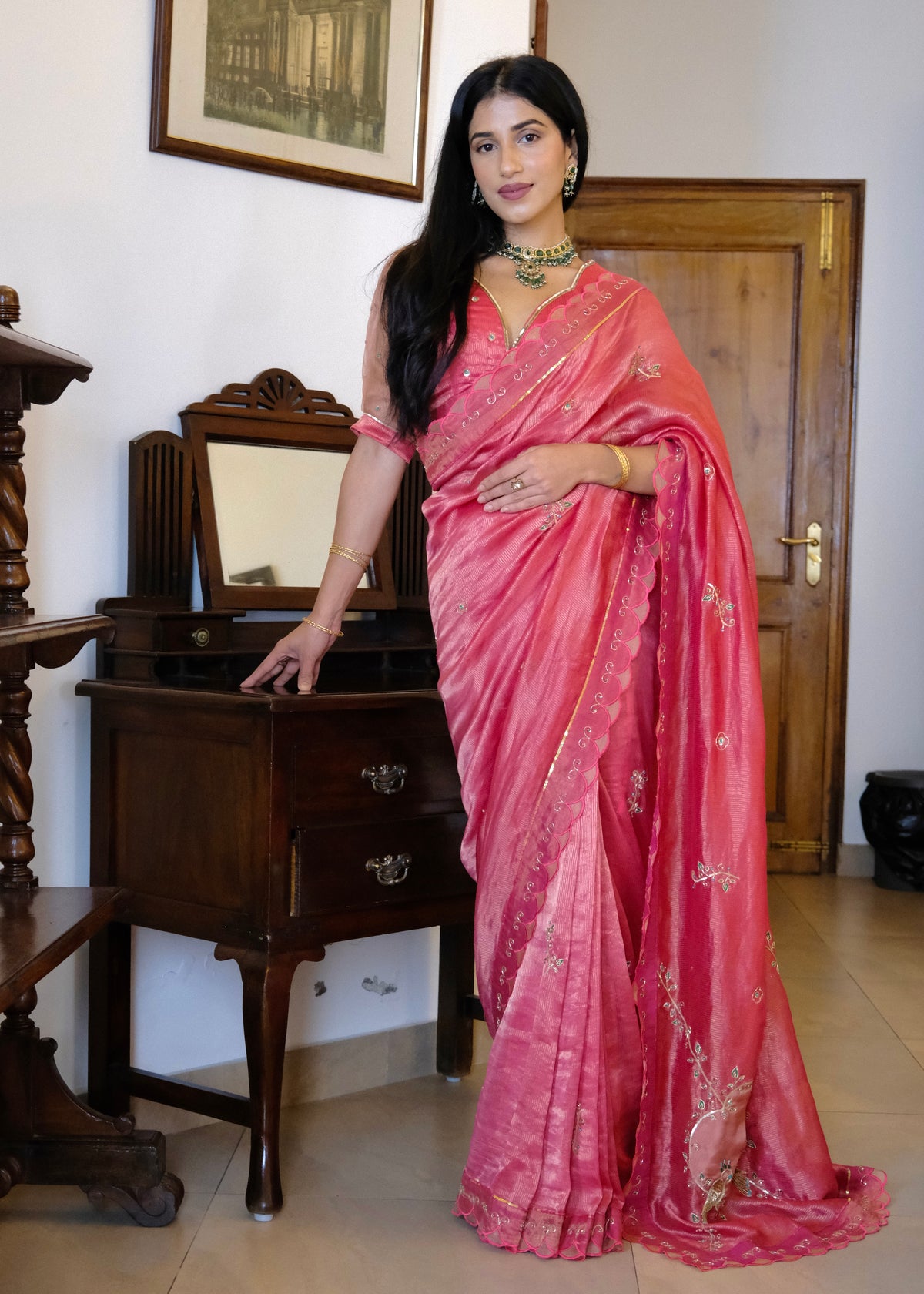 Coral pink striped tissue chanderi saree with birds of paradise embroidery