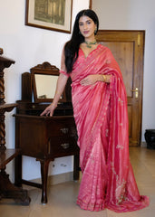 Coral pink striped tissue chanderi saree with birds of paradise embroidery