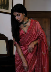 Coral pink striped tissue chanderi saree with birds of paradise embroidery