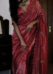 Coral pink striped tissue chanderi saree with birds of paradise embroidery