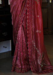 Coral pink striped tissue chanderi saree with birds of paradise embroidery