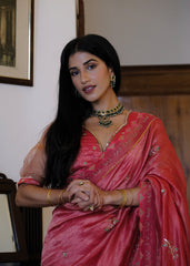 Coral pink striped tissue chanderi saree with birds of paradise embroidery