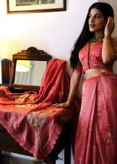 Coral pink striped tissue chanderi saree with birds of paradise embroidery