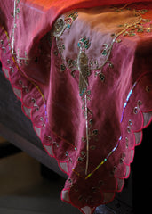 Coral pink striped tissue chanderi saree with birds of paradise embroidery
