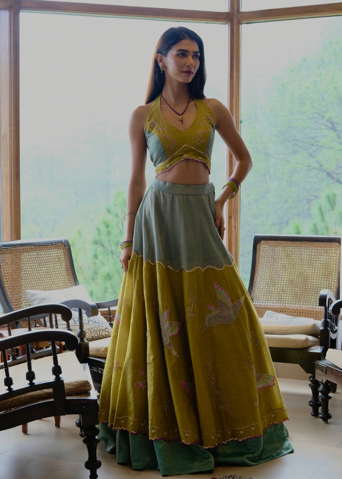 Eggshell blue and mehndi tissue chanderi layered lehenga, halter blouse and striped tissue chanderi dupatta