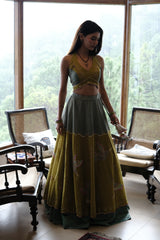 Eggshell blue and mehndi tissue chanderi layered lehenga, halter blouse and striped tissue chanderi dupatta