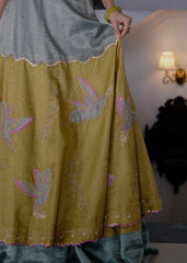 Eggshell blue and mehndi tissue chanderi layered lehenga, halter blouse and striped tissue chanderi dupatta