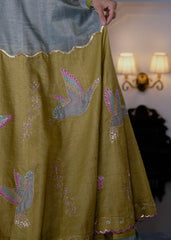 Eggshell blue and mehndi tissue chanderi layered lehenga, halter blouse and striped tissue chanderi dupatta
