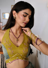 Eggshell blue and mehndi tissue chanderi layered lehenga, halter blouse and striped tissue chanderi dupatta