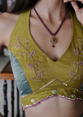 Eggshell blue and mehndi tissue chanderi layered lehenga, halter blouse and striped tissue chanderi dupatta