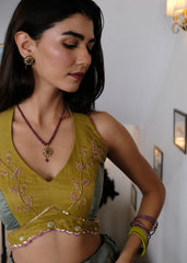Eggshell blue and mehndi tissue chanderi layered lehenga, halter blouse and striped tissue chanderi dupatta