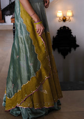 Eggshell blue and mehndi tissue chanderi layered lehenga, halter blouse and striped tissue chanderi dupatta