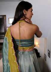 Eggshell blue and mehndi tissue chanderi layered lehenga, halter blouse and striped tissue chanderi dupatta