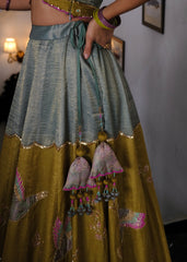 Eggshell blue and mehndi tissue chanderi layered lehenga, halter blouse and striped tissue chanderi dupatta