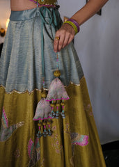 Eggshell blue and mehndi tissue chanderi layered lehenga, halter blouse and striped tissue chanderi dupatta