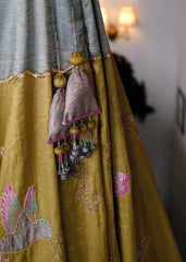 Eggshell blue and mehndi tissue chanderi layered lehenga, halter blouse and striped tissue chanderi dupatta