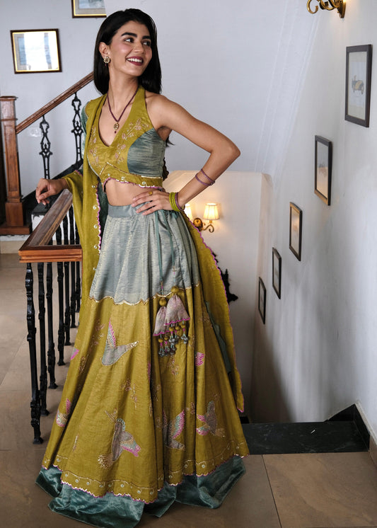 Eggshell blue and mehndi tissue chanderi layered lehenga, halter blouse and striped tissue chanderi dupatta