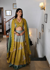 Eggshell blue and mehndi tissue chanderi layered lehenga, halter blouse and striped tissue chanderi dupatta