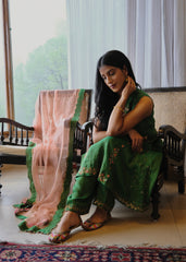 Emerald green tissue chanderi kurta set with exotic birds embroidery and peach scalloped organza dupatta