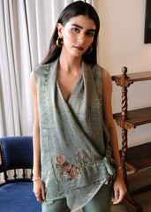 Eggshell striped tissue chanderi asymmetrical wrap top and tapered pants with monkey motif embroidery