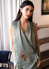Eggshell striped tissue chanderi asymmetrical wrap top and tapered pants with monkey motif embroidery