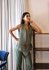 Eggshell striped tissue chanderi asymmetrical wrap top and tapered pants with monkey motif embroidery
