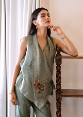 Eggshell striped tissue chanderi asymmetrical wrap top and tapered pants with monkey motif embroidery