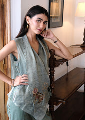 Eggshell striped tissue chanderi asymmetrical wrap top and tapered pants with monkey motif embroidery