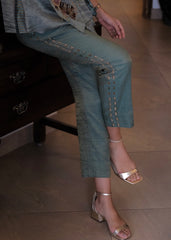Eggshell striped tissue chanderi asymmetrical wrap top and tapered pants with monkey motif embroidery