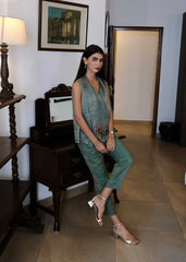 Eggshell striped tissue chanderi asymmetrical wrap top and tapered pants with monkey motif embroidery