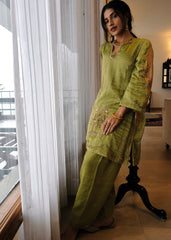 Sap green striped tissue chanderi kurta set with peach gold booti organza dupatta and exotic birds embroidery