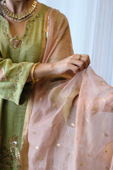 Sap green striped tissue chanderi kurta set with peach gold booti organza dupatta and exotic birds embroidery