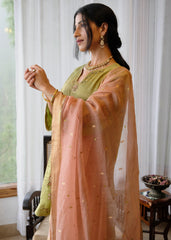 Sap green striped tissue chanderi kurta set with peach gold booti organza dupatta and exotic birds embroidery