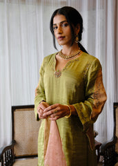 Sap green striped tissue chanderi kurta set with peach gold booti organza dupatta and exotic birds embroidery