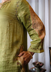 Sap green striped tissue chanderi kurta set with peach gold booti organza dupatta and exotic birds embroidery
