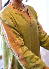 Sap green striped tissue chanderi kurta set with peach gold booti organza dupatta and exotic birds embroidery
