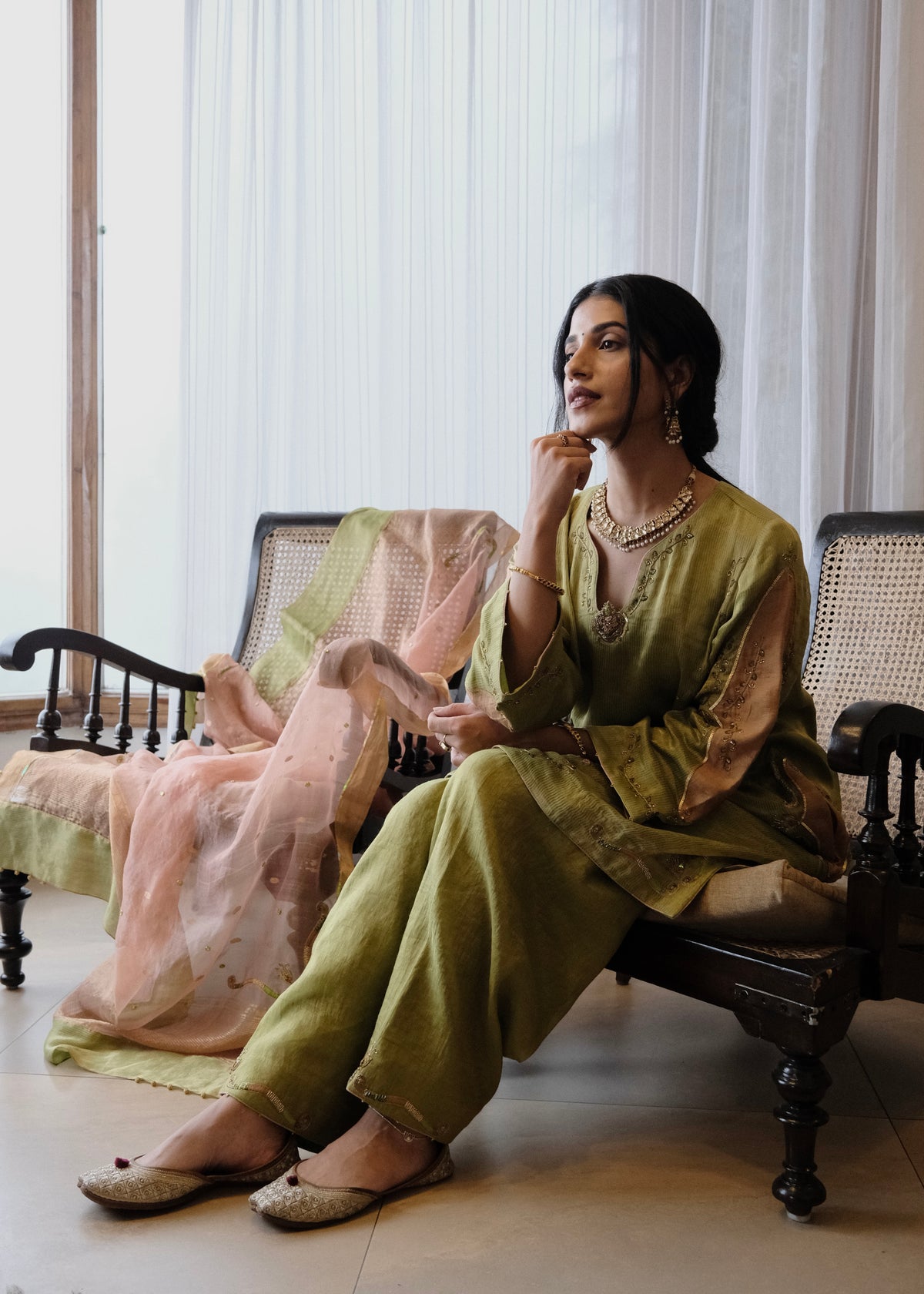 Sap green striped tissue chanderi kurta set with peach gold booti organza dupatta and exotic birds embroidery