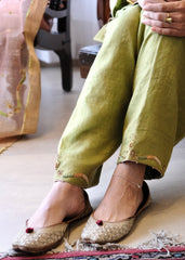 Sap green striped tissue chanderi kurta set with peach gold booti organza dupatta and exotic birds embroidery